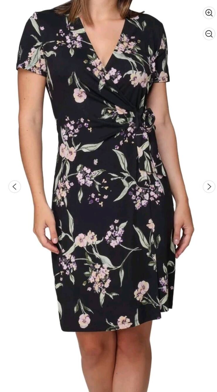 NWT Nicole Miller Women's Side Tie Faux Wrap Dress Black Floral M